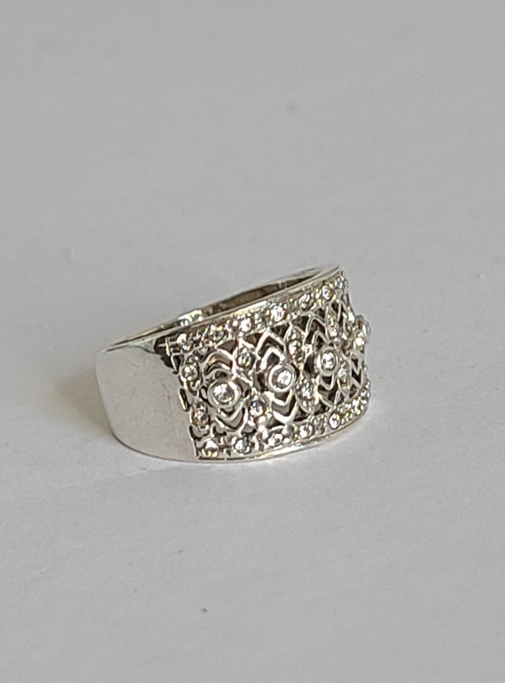 Elegant Sterling Silver CZ Rhinestone Crystal Filigree Chunky Wide Band Ring 6 - Picture 10 of 15